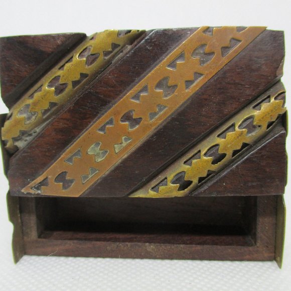 VTG BRASS WOOD PILLBOX Slide Open Top Trinket Box Trinket Box Small Jewelry Box - Picture 1 of 10